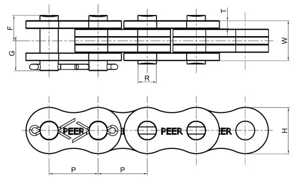Technical diagram illustrating the dimensions of the BL1023 Chain, including pin diameter, plate height, and overall width.