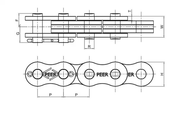 Technical diagram illustrating the dimensions of the BL423 Chain, including pin diameter, plate height, and overall width.