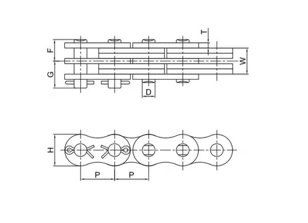 Technical diagram illustrating the dimensions of the BL434 Chain, including pin diameter, plate height, and overall width.