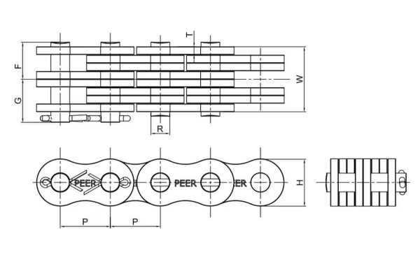 Technical diagram illustrating the dimensions of the BL644 Chain, including pin diameter, plate height, and overall width.